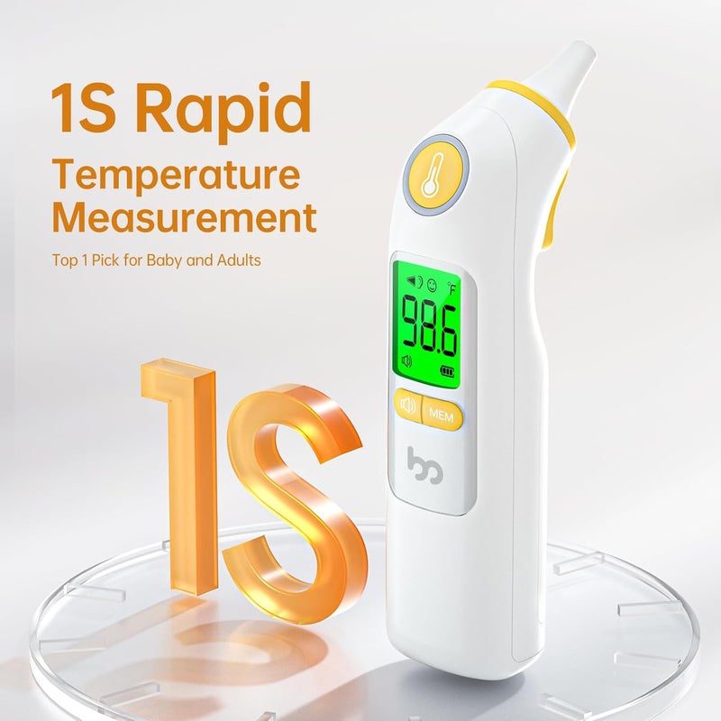 Femometer Ear Thermometer, Highly Accurate Ear Thermometer for Kids, Adults and Babies, 30 Memory Recall, 1s Result and 3-Color Fever Alert, with 24 Disposable Probe Covers, Yellow - Image 5